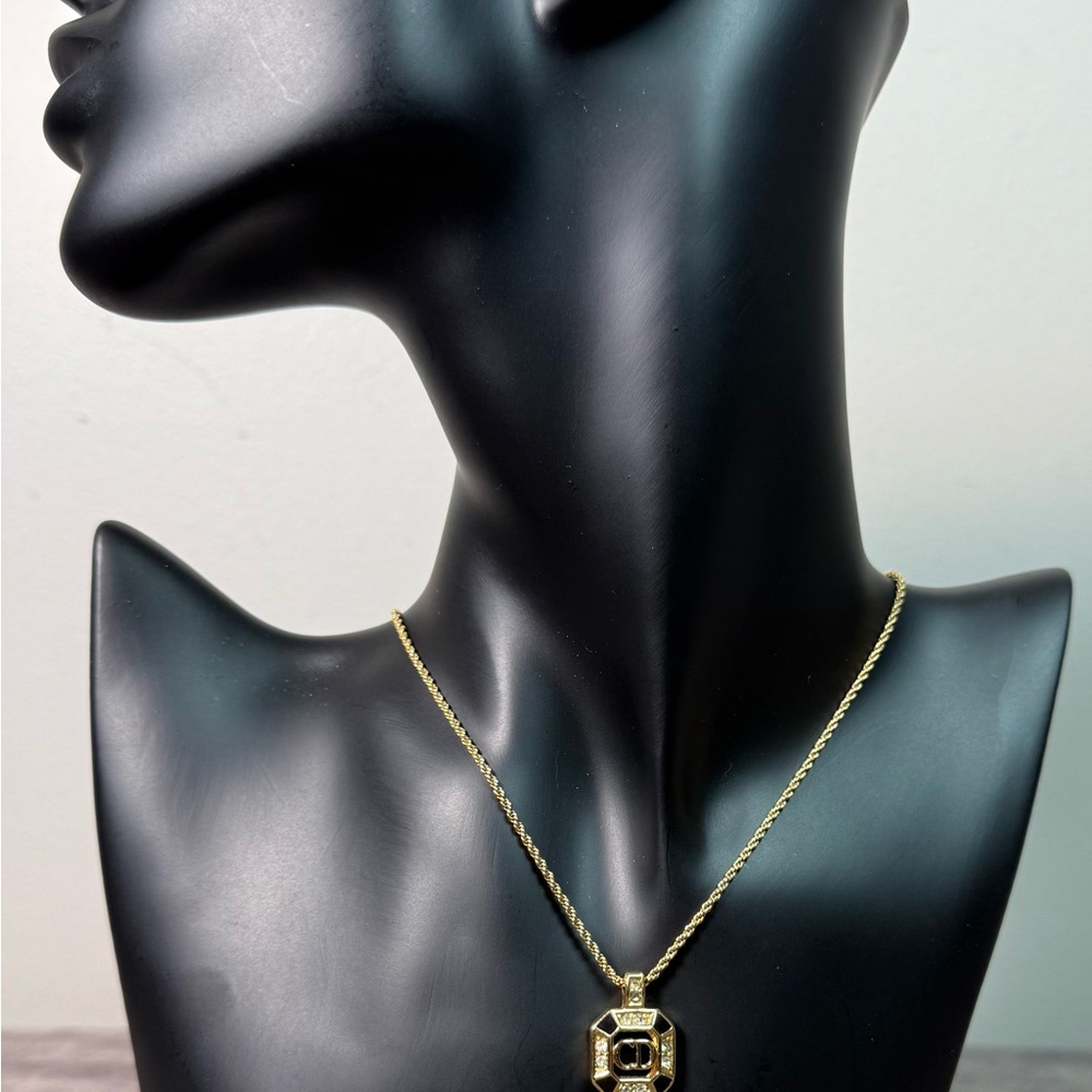 Christian Dior Necklace CD Logo Rhinestone Gold W15xH20mm Square Motif Black - Picture 3 of 11
